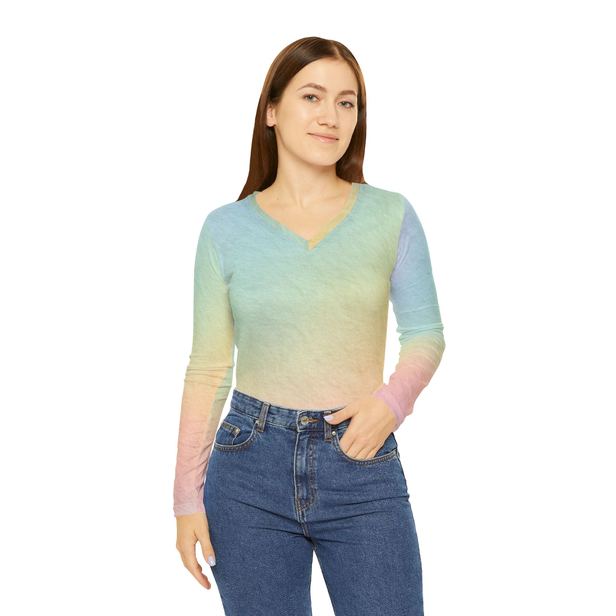 Pastel Rainbow Ombre Long Sleeve V-Neck Shirt, Artsulli - Art is Long, Life is Short, All Over Prints, , , , , , , 