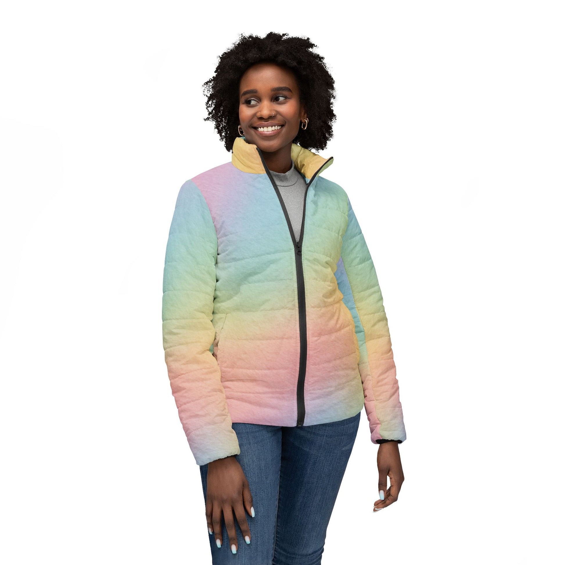 Pastel Rainbow Puffer Jacket, Artsulli - Art is Long, Life is Short, All Over Prints, , , , , , , 