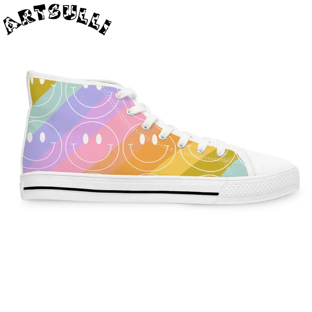 JAKKOUTTHEBXX Pastel Rainbow Smiley Face Womens High Top Canvas Sneakers 2025
