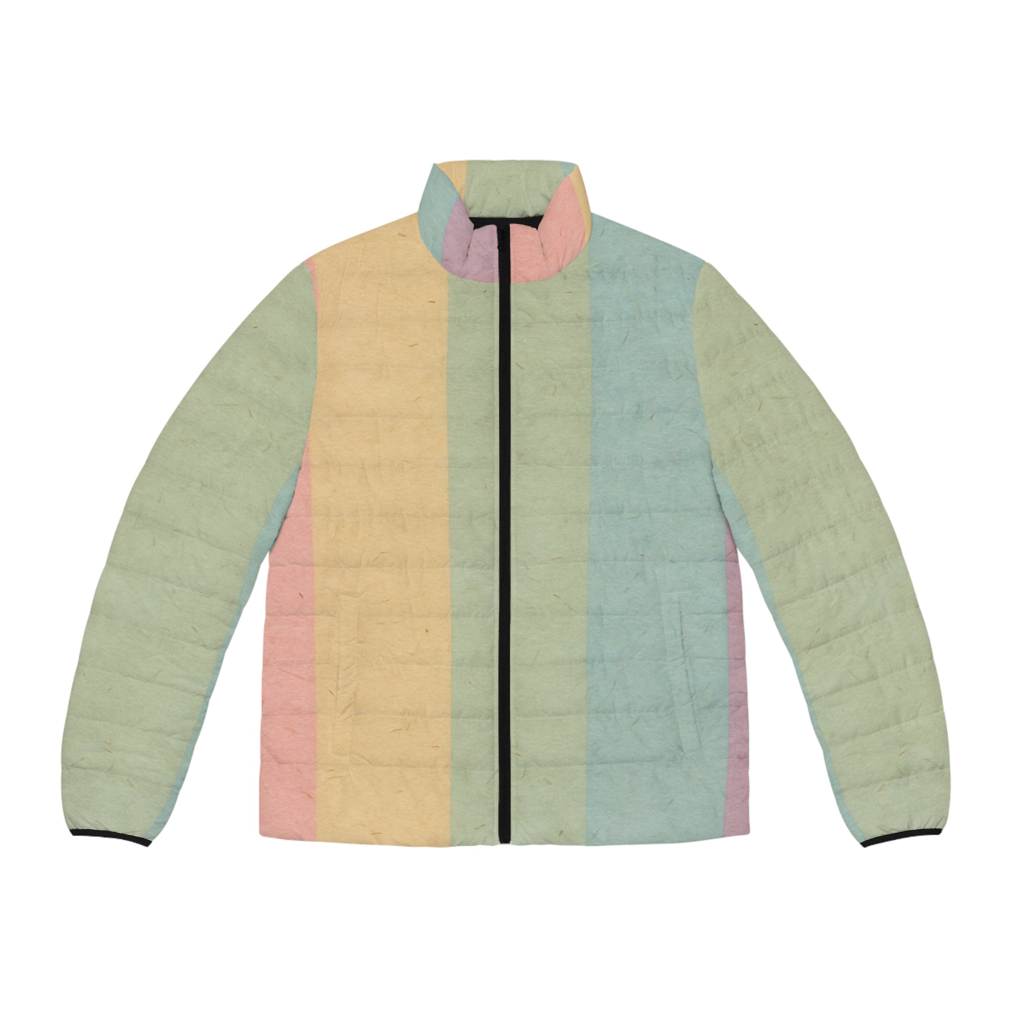 Pastel Rainbow Striped Puffer Jacket, Artsulli - Art is Long, Life is Short, All Over Prints, Size, S, Color, Black zipper, , , 14519378701659669835