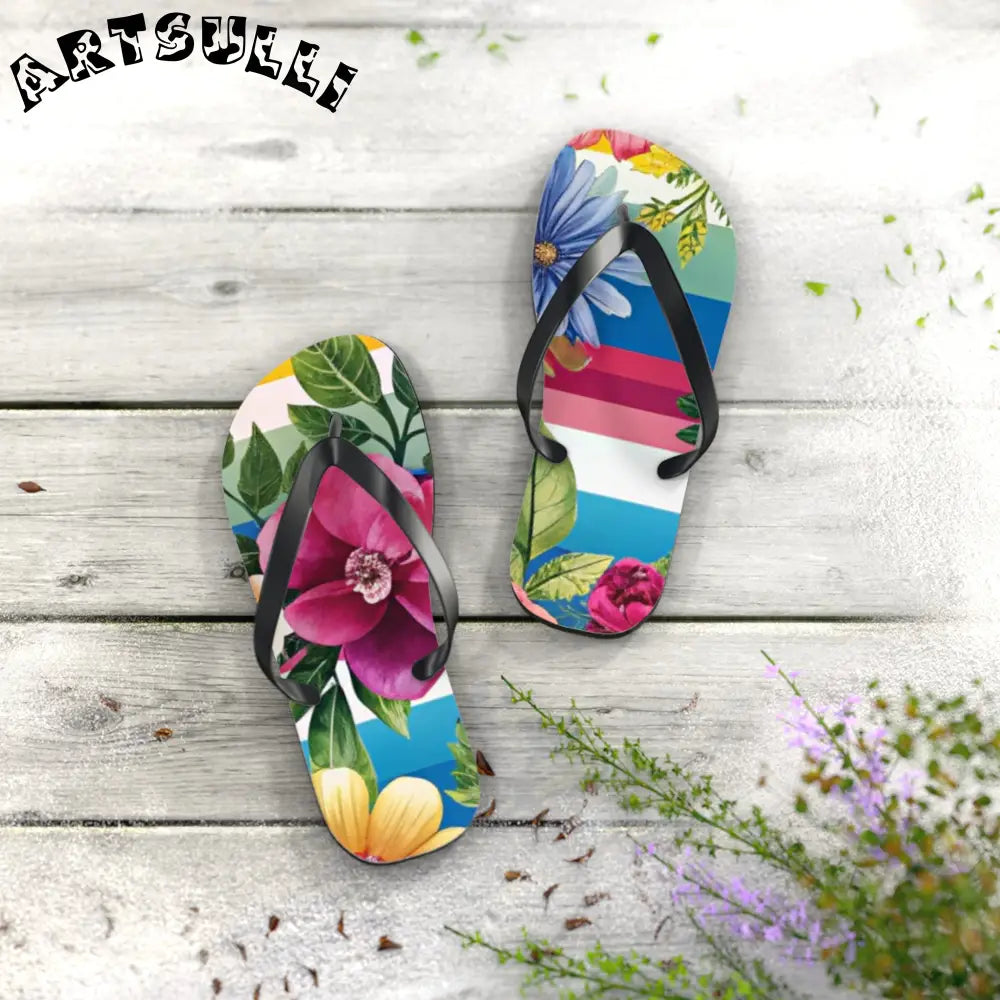 Personalized Floral and Striped Flip Flops, Artsulli - Art is Long, Life is Short, Shoes, , , , , , , 