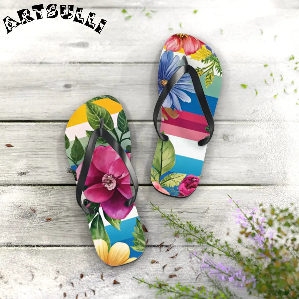 Personalized Floral and Striped Flip Flops, Artsulli - Art is Long, Life is Short, Shoes, , , , , , , 
