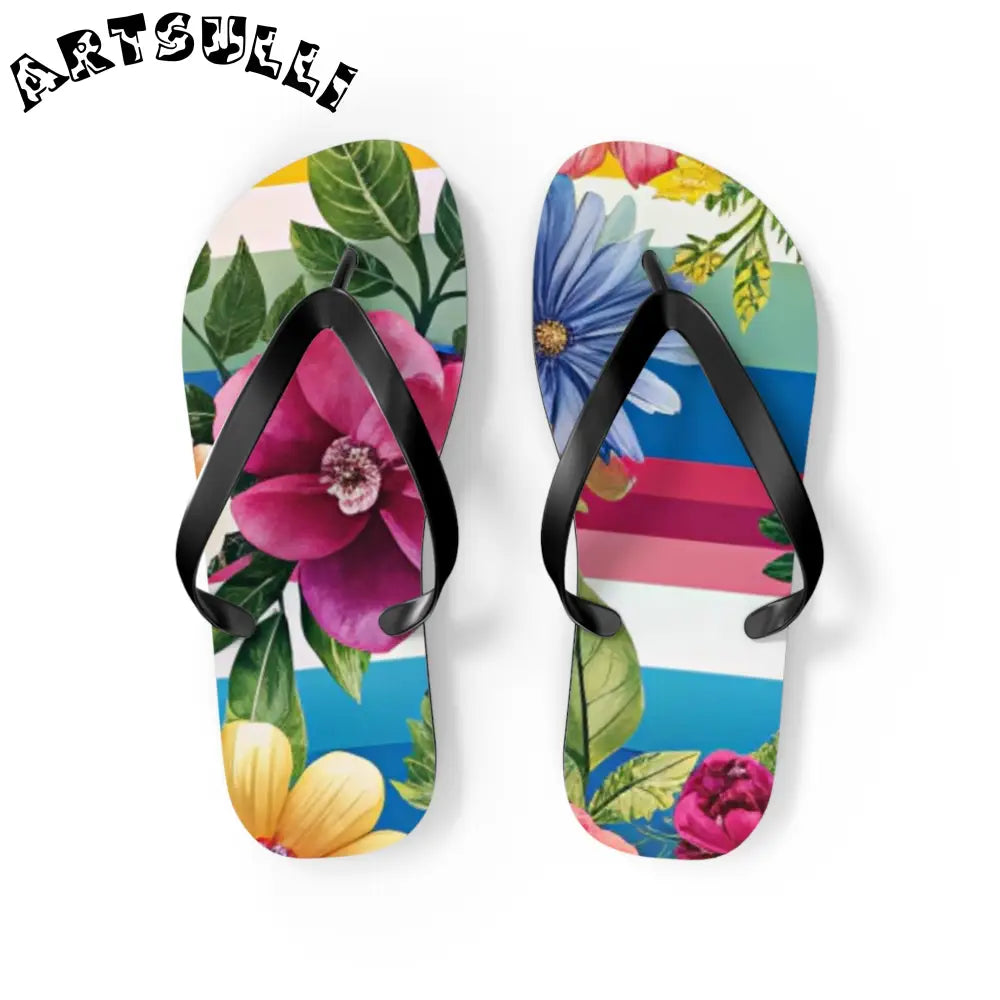 Personalized Floral and Striped Flip Flops, Artsulli - Art is Long, Life is Short, Shoes, Size, M, Color, Black sole, , , 18281862084340478799
