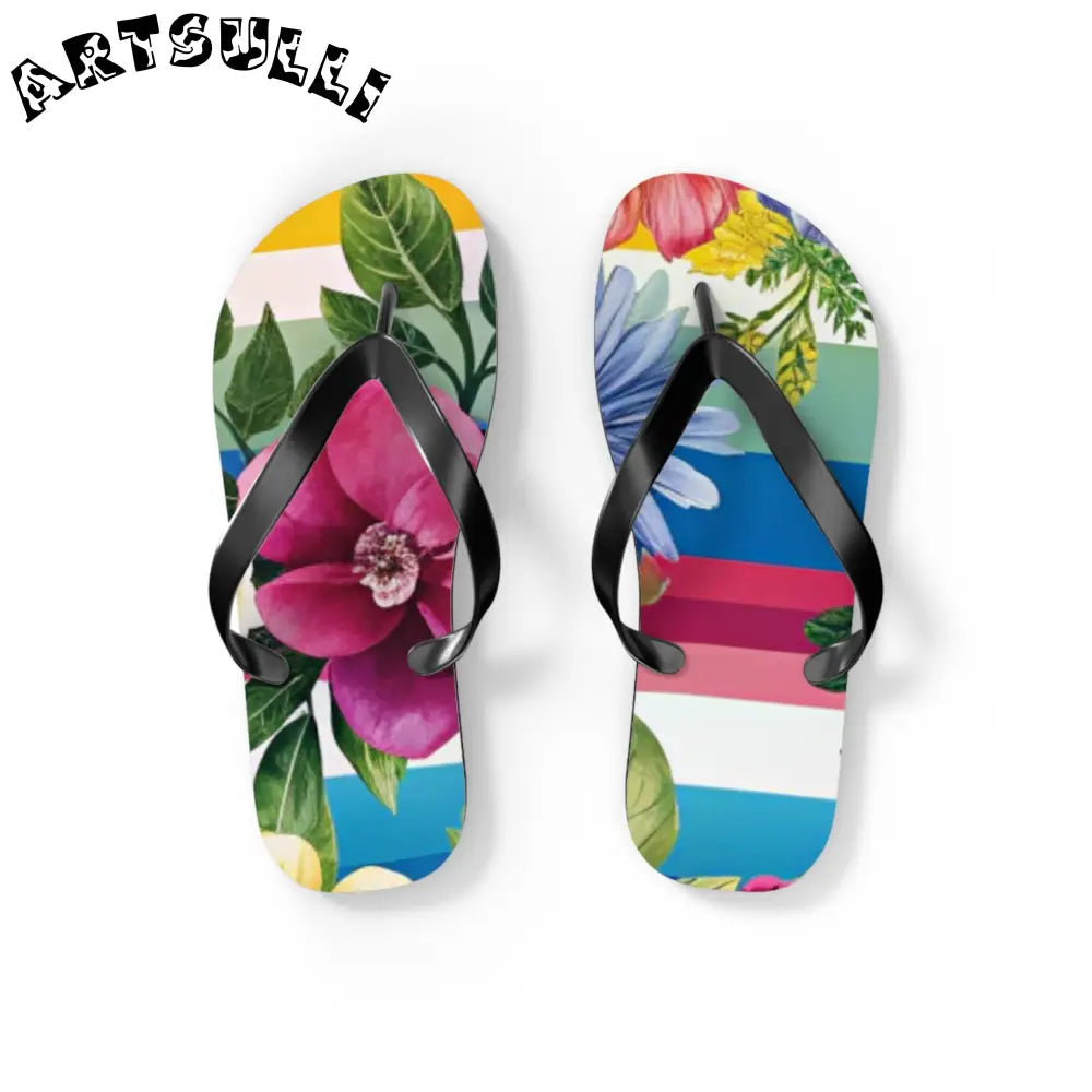 Personalized Floral and Striped Flip Flops, Artsulli - Art is Long, Life is Short, Shoes, Size, S, Color, Black sole, , , 21929952609748132245