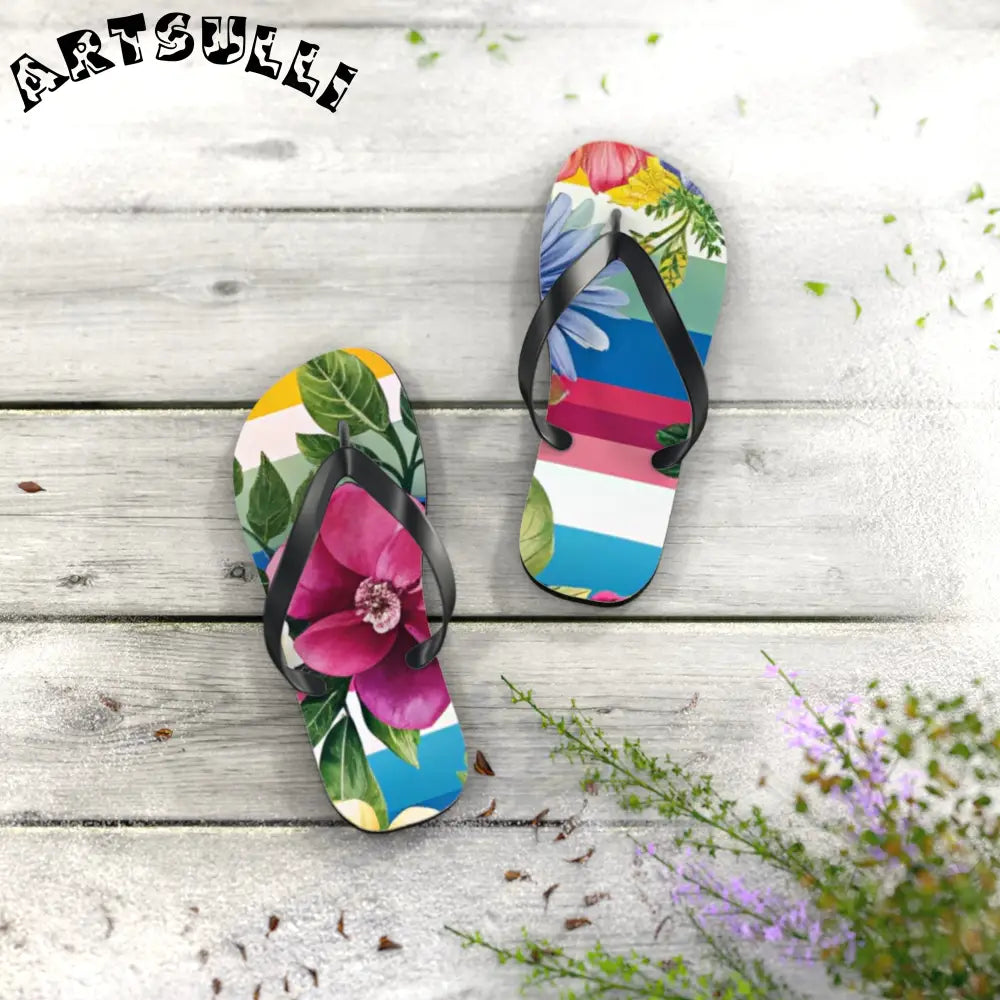 Personalized Floral and Striped Flip Flops, Artsulli - Art is Long, Life is Short, Shoes, , , , , , , 