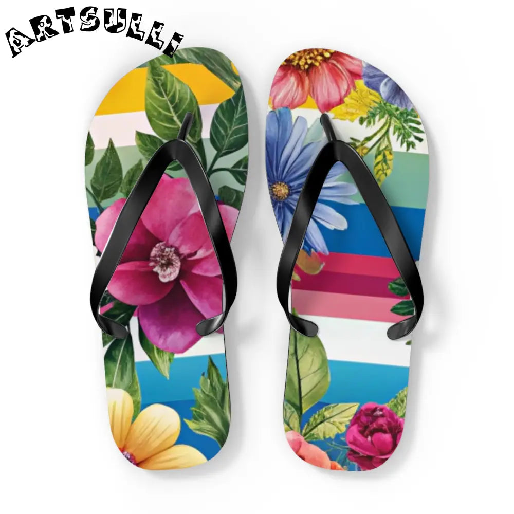 Personalized Floral and Striped Flip Flops, Artsulli - Art is Long, Life is Short, Shoes, Size, XL, Color, Black sole, , , 33850476908312831812
