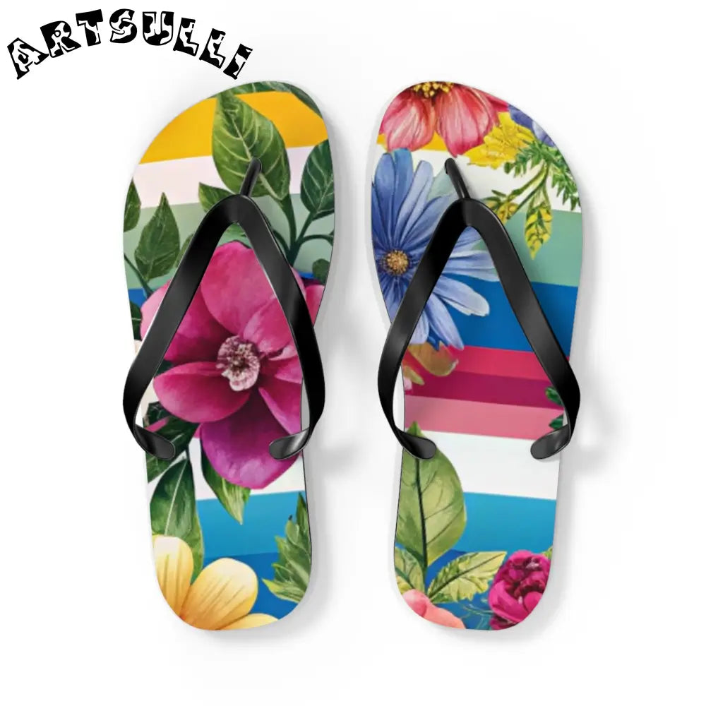 Personalized Floral and Striped Flip Flops, Artsulli - Art is Long, Life is Short, Shoes, Size, L, Color, Black sole, , , 92524967357199656858