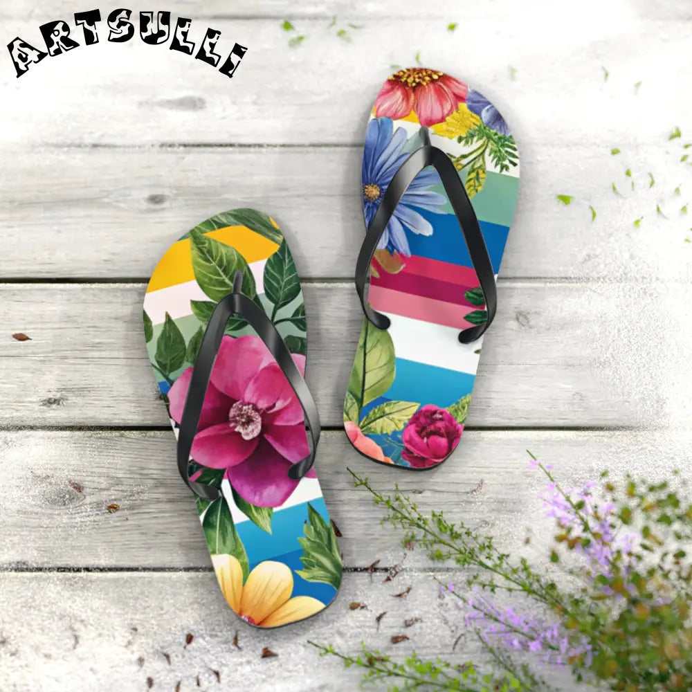 Personalized Floral and Striped Flip Flops, Artsulli - Art is Long, Life is Short, Shoes, , , , , , , 