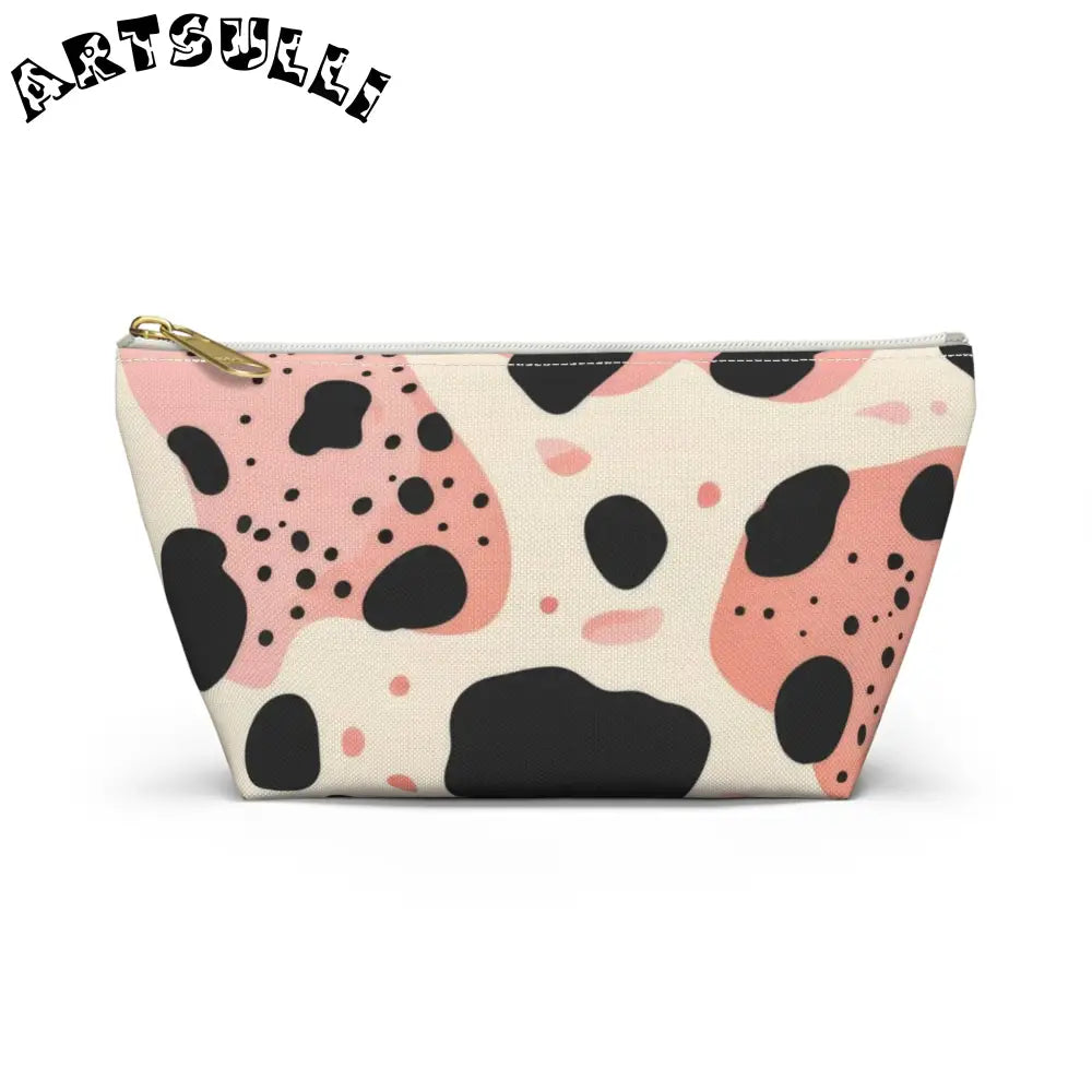Pink Abstract Cow Print T-Bottom Pouch, Artsulli - Art is Long, Life is Short, Bags, Size, Small, Color, White zipper, , , 84623840271286