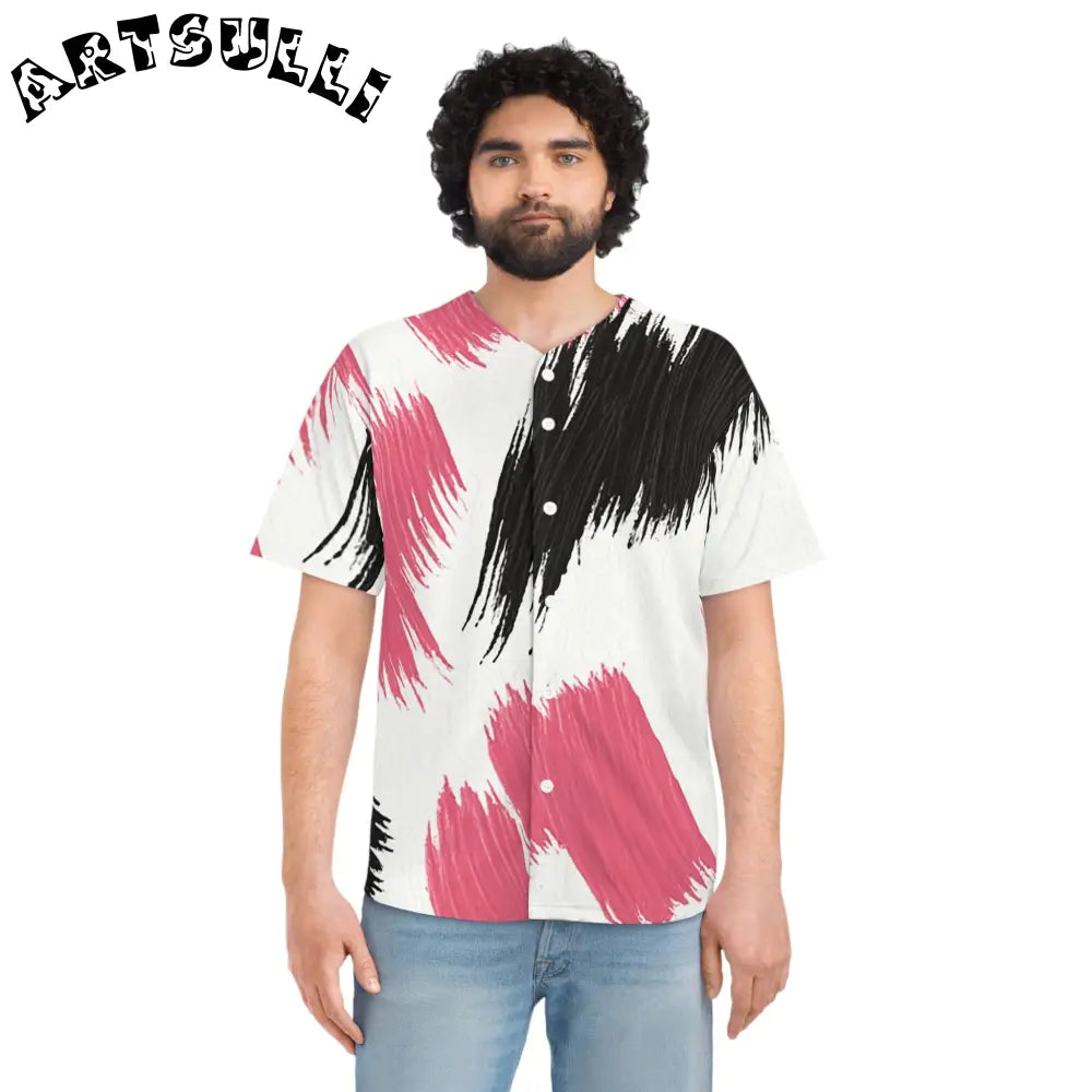 Pink and Black Brushstroke Baseball Jersey, Artsulli - Art is Long, Life is Short, All Over Prints, , , , , , , 