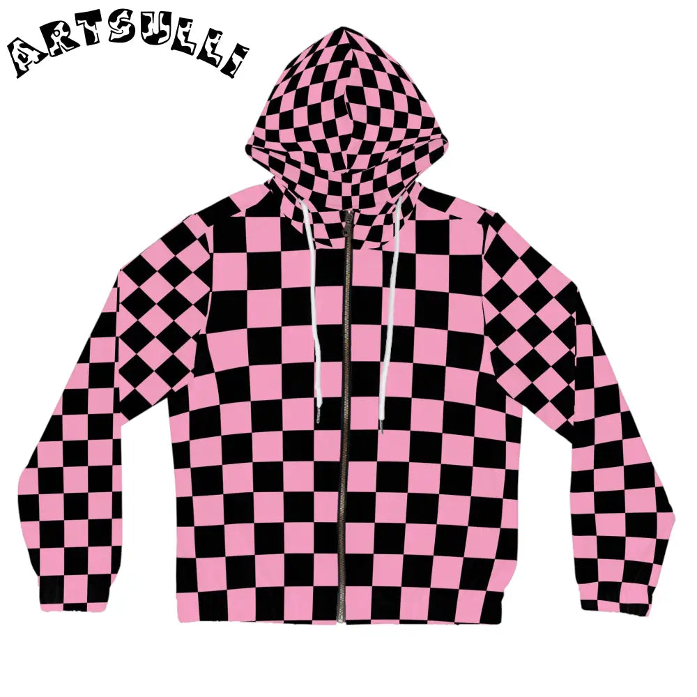 Pink and Black Checkerboard Stay Stylish Zip Hoodie, Artsulli - Art is Long, Life is Short, All Over Prints, Size, XS, Color, White, , , 17427260618349176439