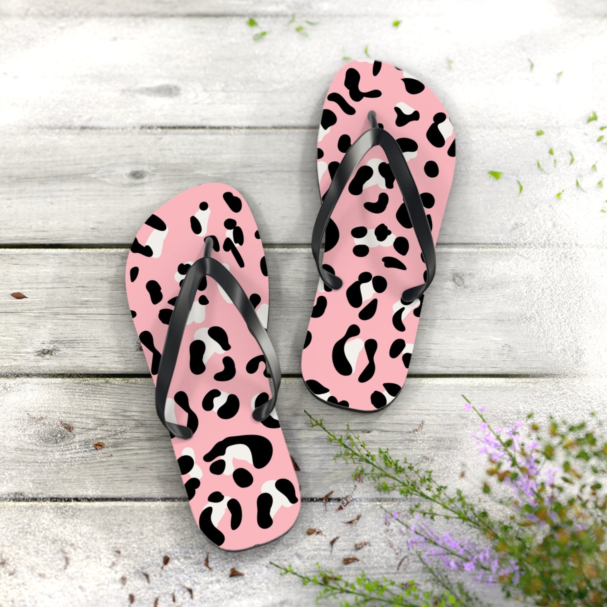 Pink and Black Leopard Print Flip Flops, Artsulli - Art is Long, Life is Short, Shoes, , , , , , , 