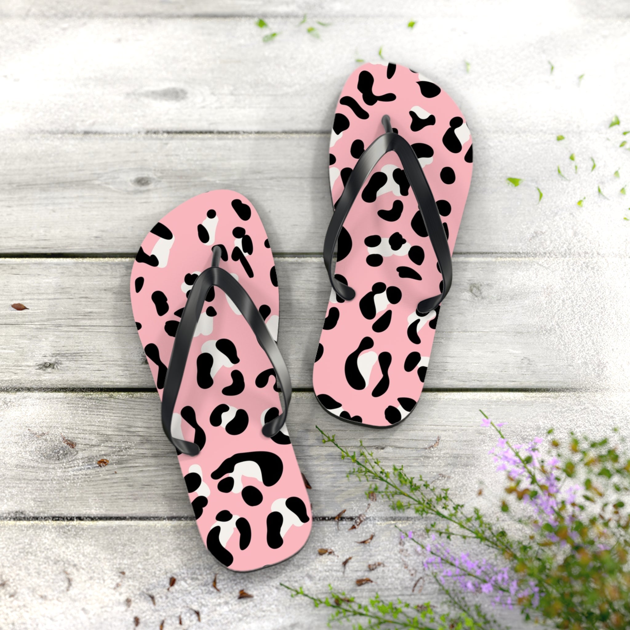 Pink and Black Leopard Print Flip Flops, Artsulli - Art is Long, Life is Short, Shoes, , , , , , , 