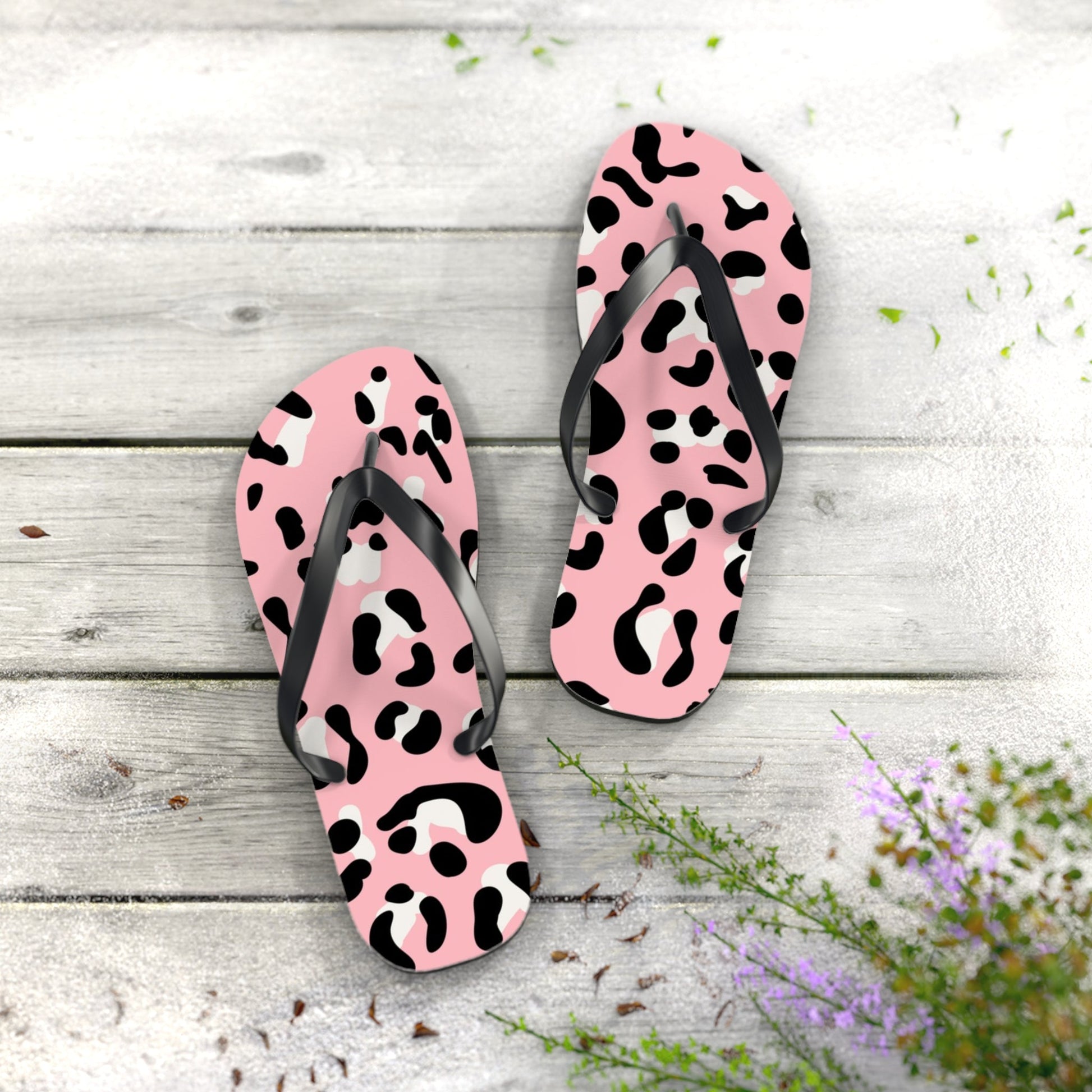 Pink and Black Leopard Print Flip Flops, Artsulli - Art is Long, Life is Short, Shoes, , , , , , , 