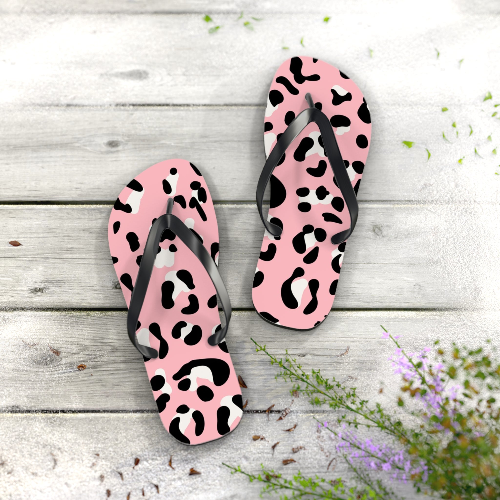 Pink and Black Leopard Print Flip Flops, Artsulli - Art is Long, Life is Short, Shoes, , , , , , , 