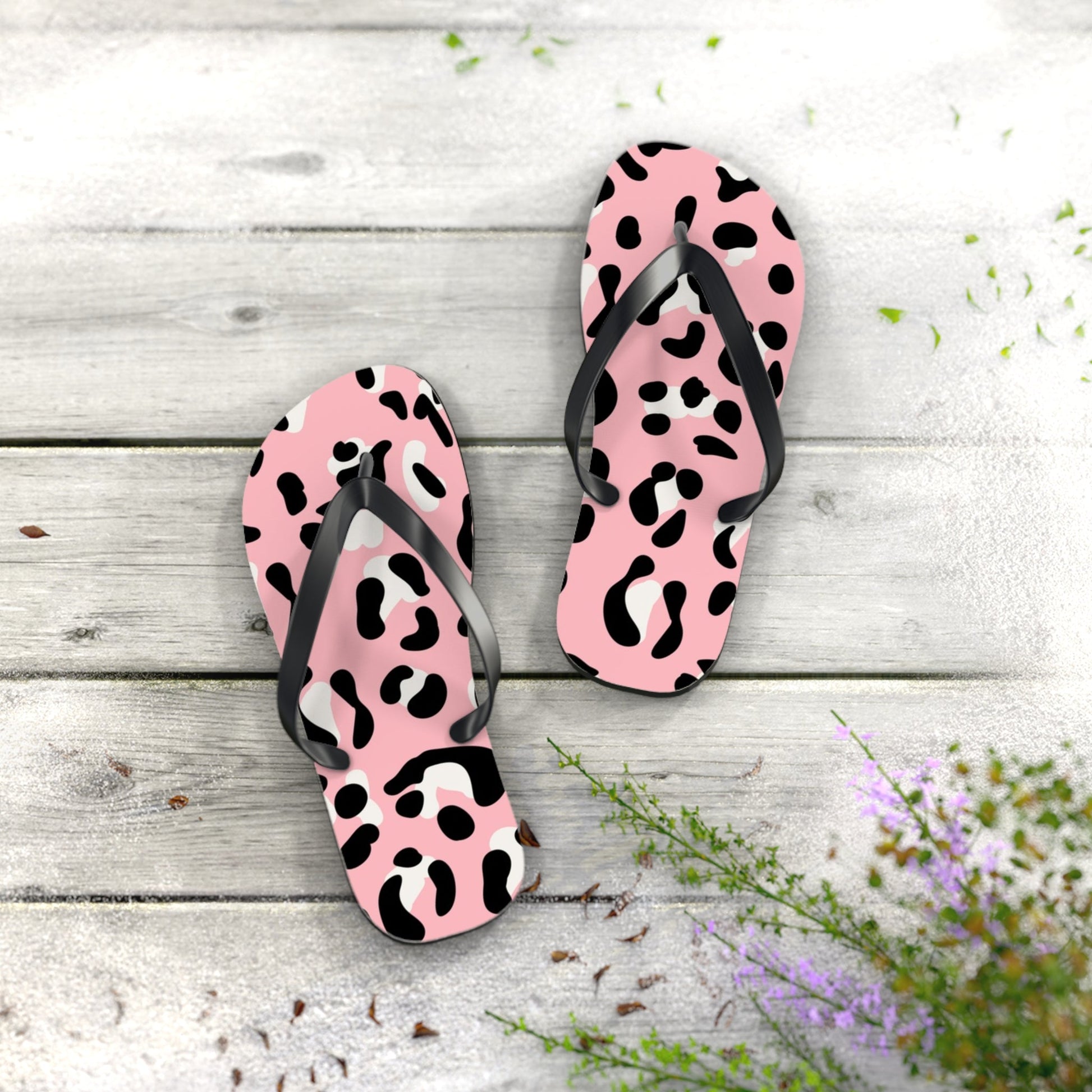 Pink and Black Leopard Print Flip Flops, Artsulli - Art is Long, Life is Short, Shoes, , , , , , , 