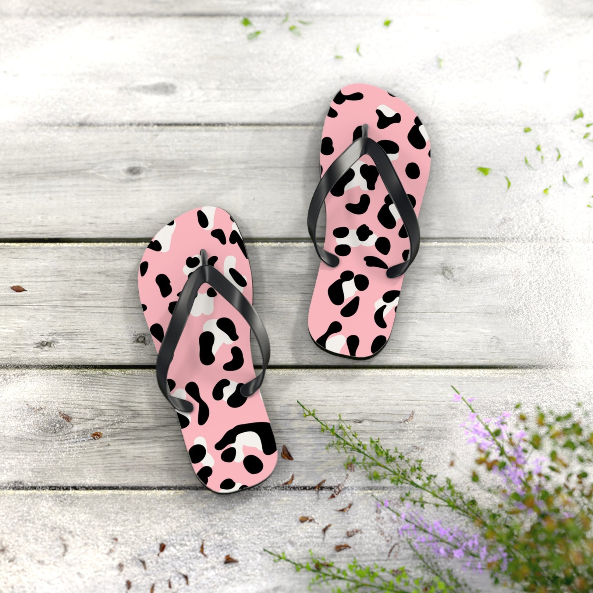 Pink and Black Leopard Print Flip Flops, Artsulli - Art is Long, Life is Short, Shoes, , , , , , , 