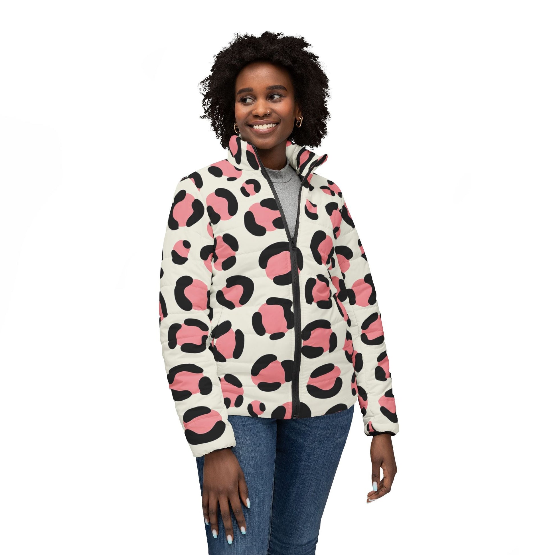 Pink and Black Leopard Puffer Jacket, Artsulli - Art is Long, Life is Short, All Over Prints, , , , , , , 