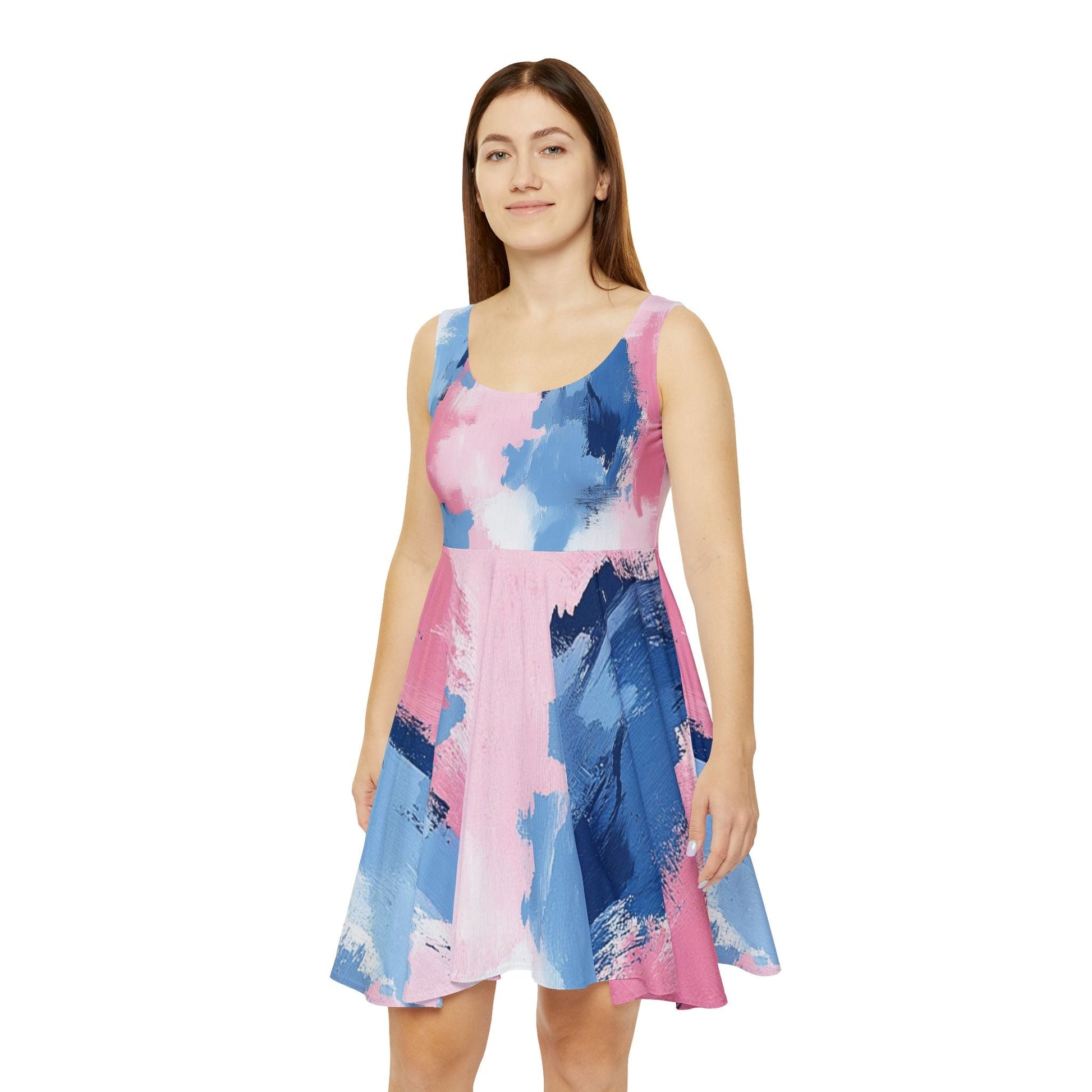 Printify Pink and Blue Abstract Brushstroke Skater Dress 2025