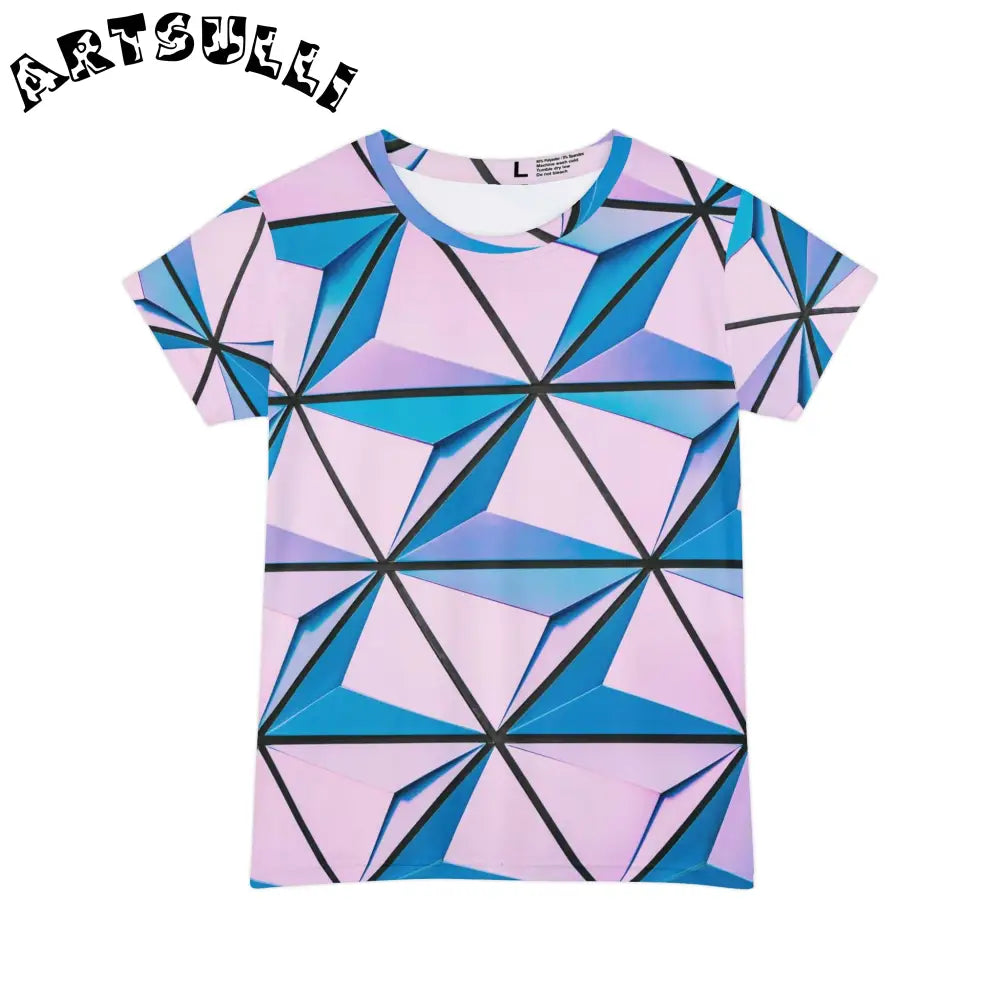Pink and Blue Geometric Print T-Shirt, Artsulli - Art is Long, Life is Short, All Over Prints, Size, XS, , , , , 11424324333290055919