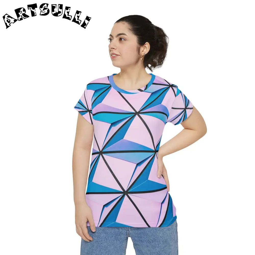 Pink and Blue Geometric Print T-Shirt, Artsulli - Art is Long, Life is Short, All Over Prints, , , , , , , 