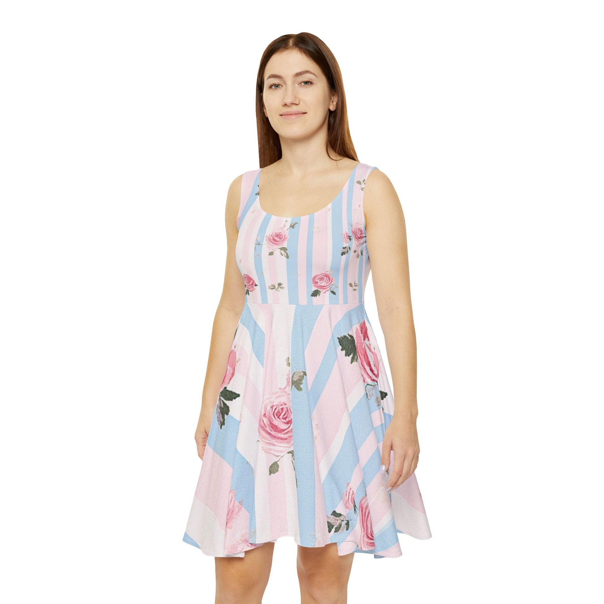 Pink and Blue Striped Rose Print Skater Dress, Artsulli - Art is Long, Life is Short, All Over Prints, , , , , , , 