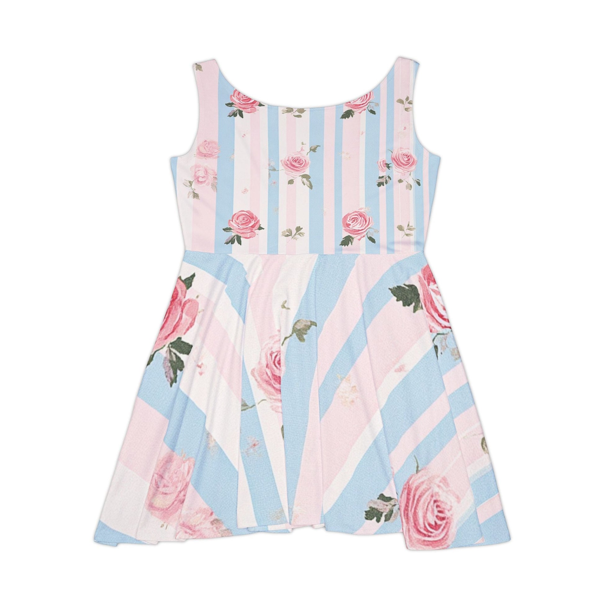 Pink and Blue Striped Rose Print Skater Dress, Artsulli - Art is Long, Life is Short, All Over Prints, , , , , , , 