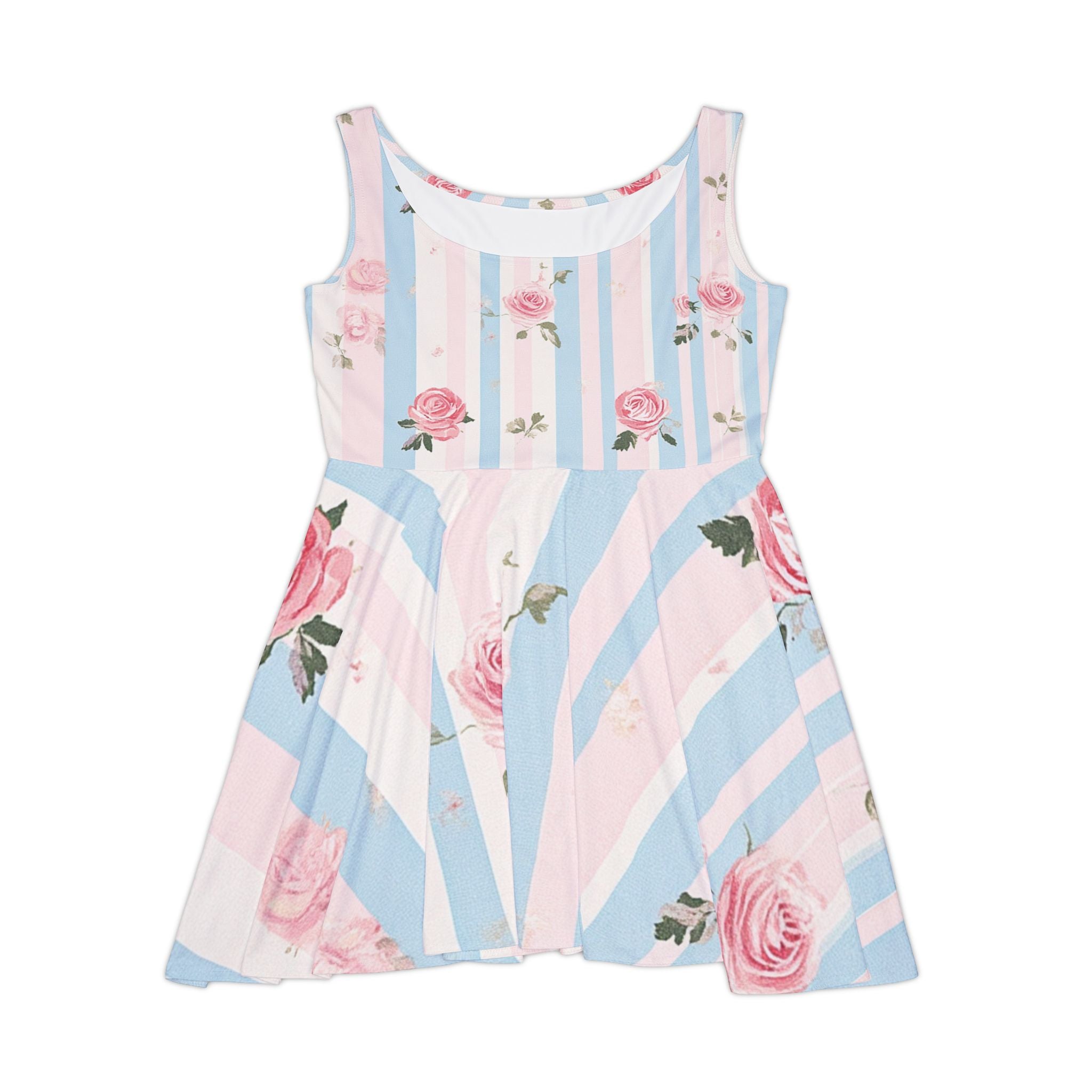 Printify Pink and Blue Striped Rose Print Skater Dress 2025
