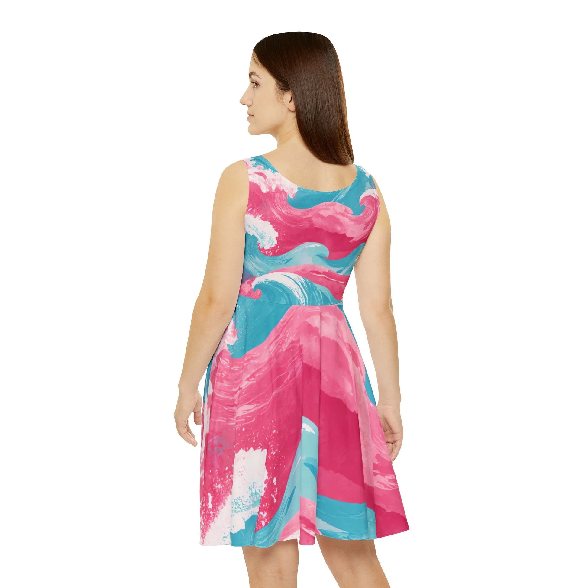 Pink and Blue Wave Custom Skater Dress, Artsulli - Art is Long, Life is Short, All Over Prints, , , , , , , 