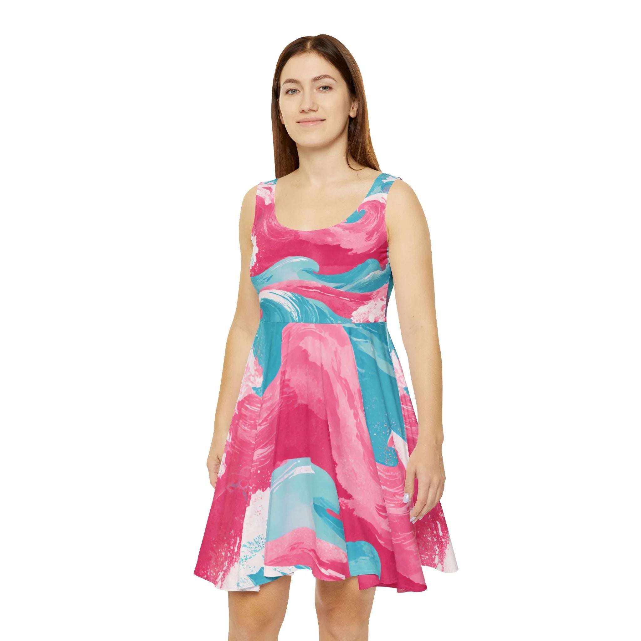 Pink and Blue Wave Custom Skater Dress, Artsulli - Art is Long, Life is Short, All Over Prints, , , , , , , 