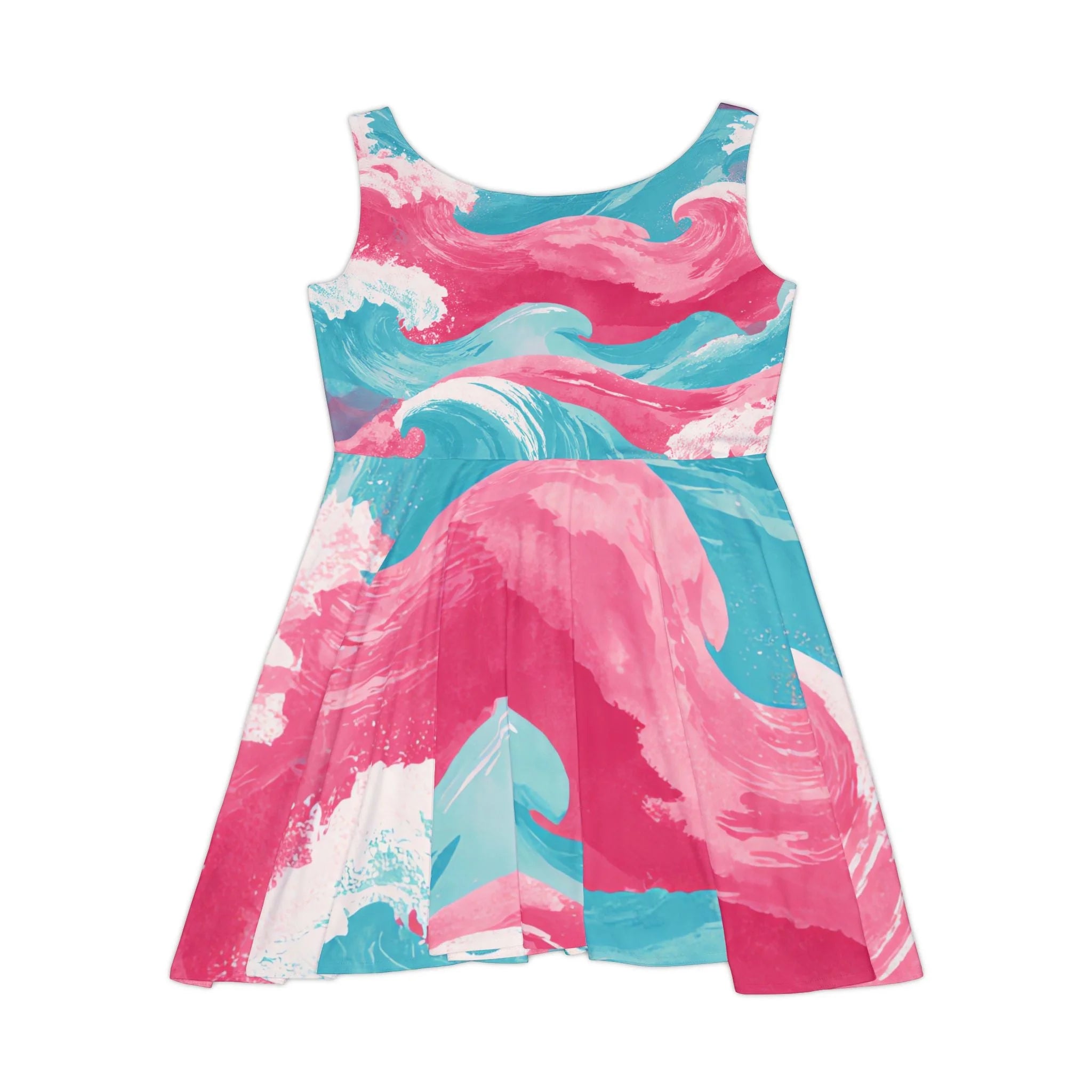Pink and Blue Wave Custom Skater Dress, Artsulli - Art is Long, Life is Short, All Over Prints, , , , , , , 