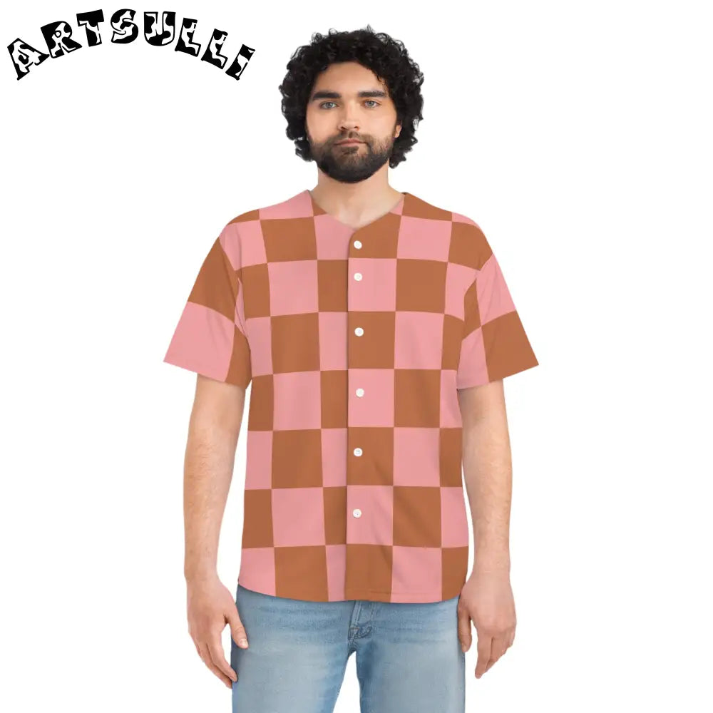 Pink and Brown Checkerboard Baseball Jersey, Artsulli - Art is Long, Life is Short, All Over Prints, , , , , , , 