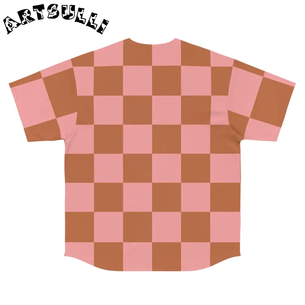 Pink and Brown Checkerboard Baseball Jersey, Artsulli - Art is Long, Life is Short, All Over Prints, , , , , , , 