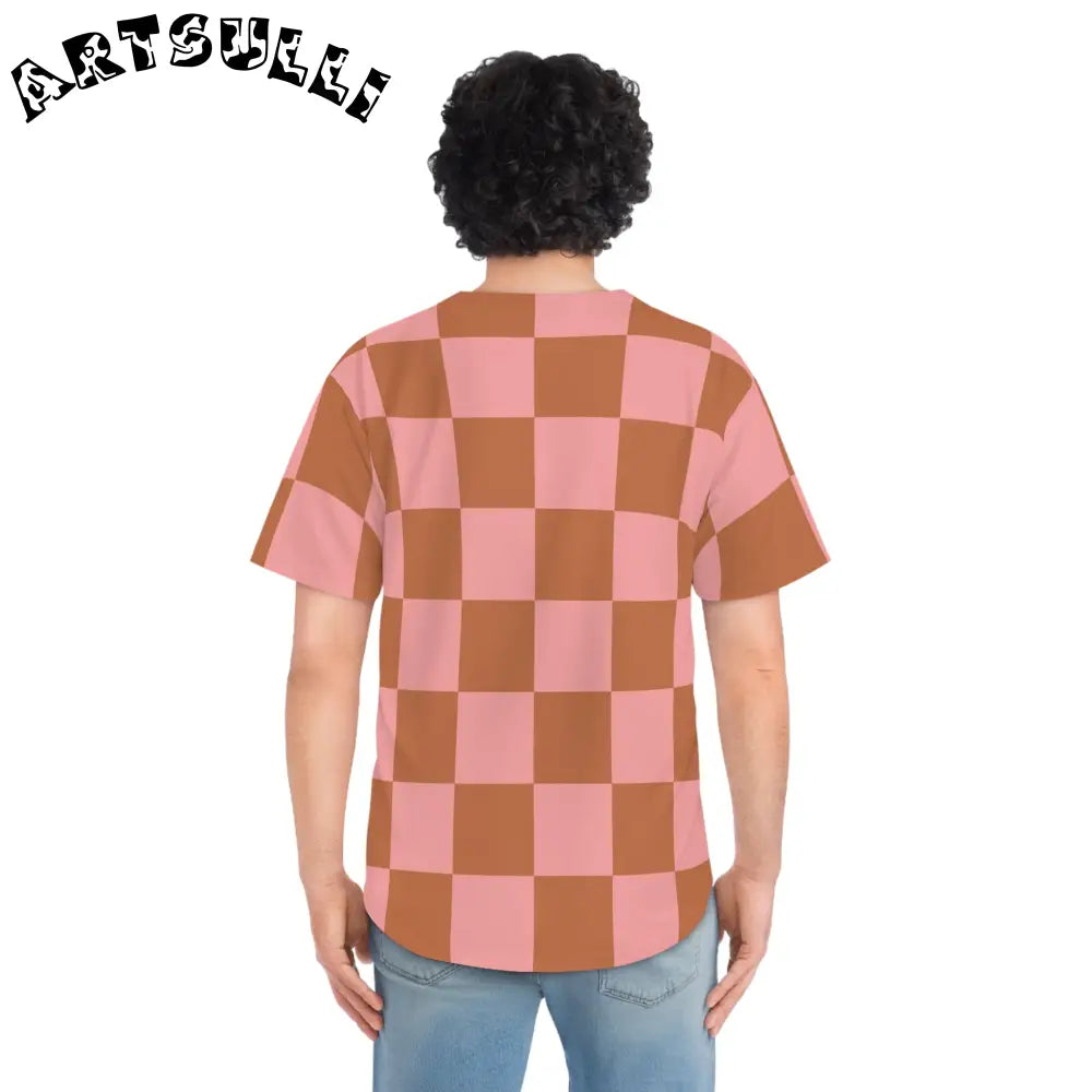 Pink and Brown Checkerboard Baseball Jersey, Artsulli - Art is Long, Life is Short, All Over Prints, , , , , , , 