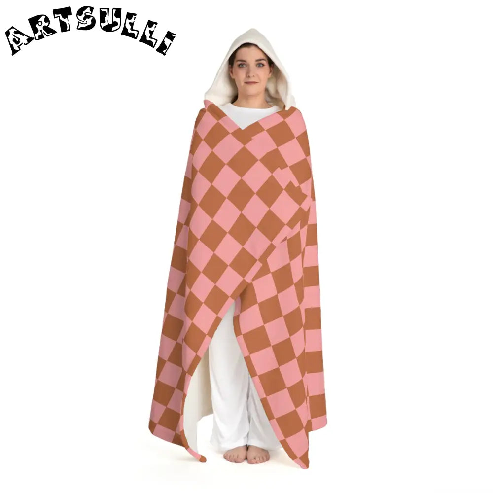 Pink and Brown Checkerboard Hooded Sherpa Fleece Blanket, Artsulli - Art is Long, Life is Short, All Over Prints, , , , , , , 