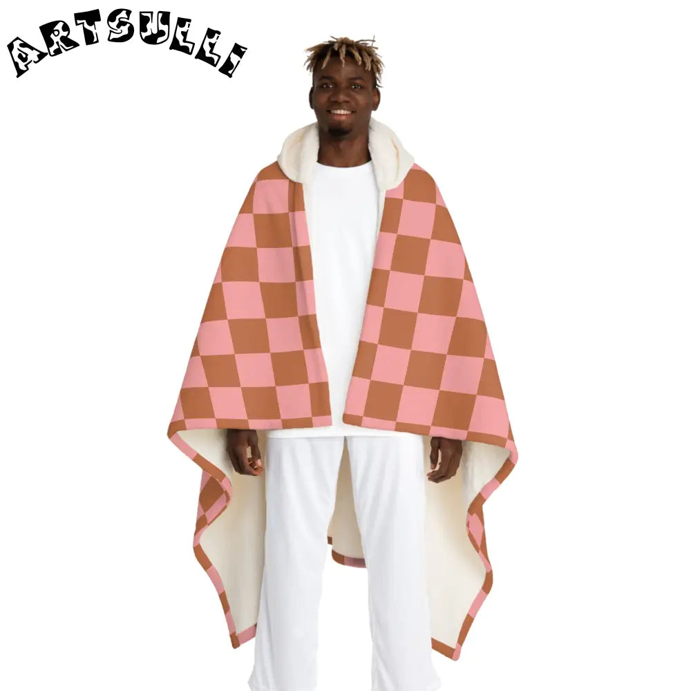 Pink and Brown Checkerboard Hooded Sherpa Fleece Blanket, Artsulli - Art is Long, Life is Short, All Over Prints, Size, One size, Color, Cream, , , 19049698746819778860