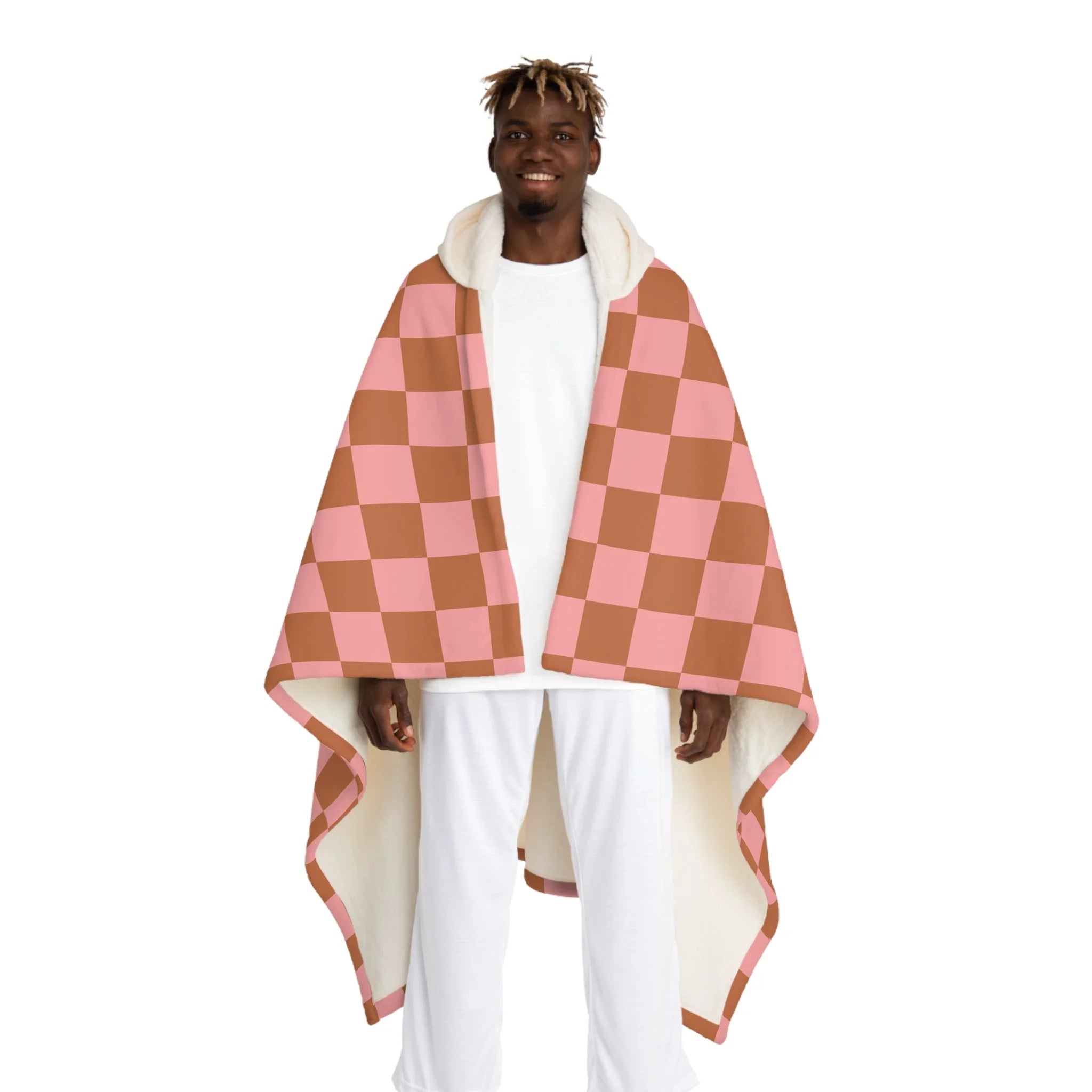 JAKKOUTTHEBXX Pink and Brown Checkerboard Hooded Sherpa Fleece Blanket 2025