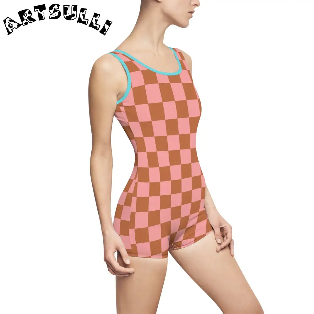 Pink and Brown Checkerboard One-Piece Swimsuit, Artsulli - Art is Long, Life is Short, All Over Prints, , , , , , , 