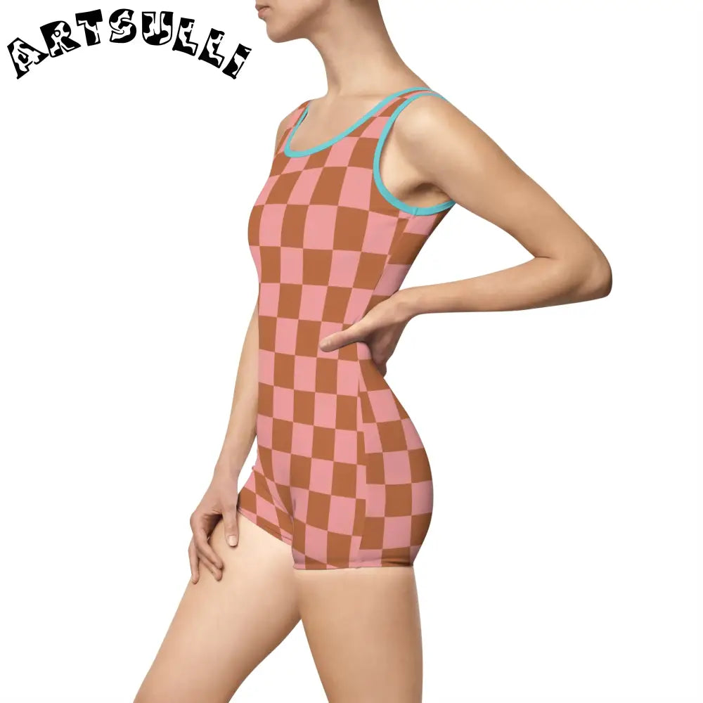 Pink and Brown Checkerboard One-Piece Swimsuit, Artsulli - Art is Long, Life is Short, All Over Prints, , , , , , , 