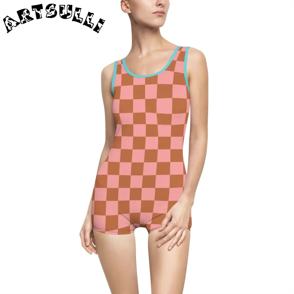 Pink and Brown Checkerboard One-Piece Swimsuit, Artsulli - Art is Long, Life is Short, All Over Prints, Color, Ocean, Size, XS, , , 26387343302105460835