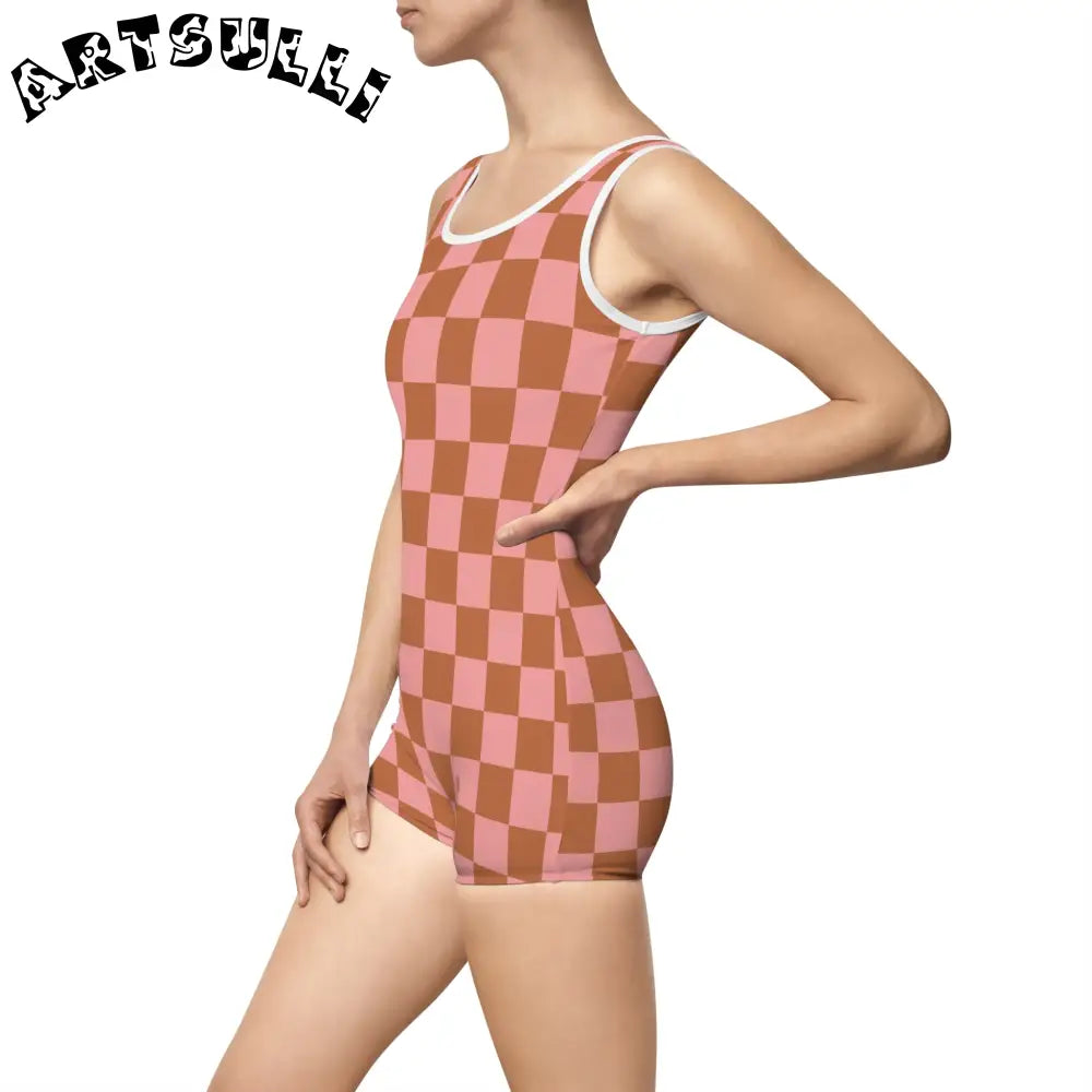 Pink and Brown Checkerboard One-Piece Swimsuit, Artsulli - Art is Long, Life is Short, All Over Prints, , , , , , , 