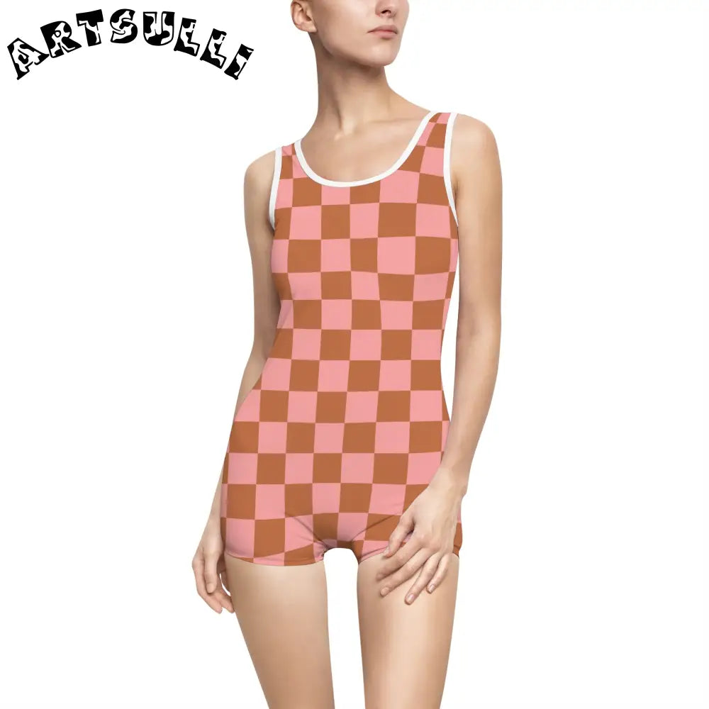 Pink and Brown Checkerboard One-Piece Swimsuit, Artsulli - Art is Long, Life is Short, All Over Prints, Color, White, Size, XS, , , 22234764302701027637