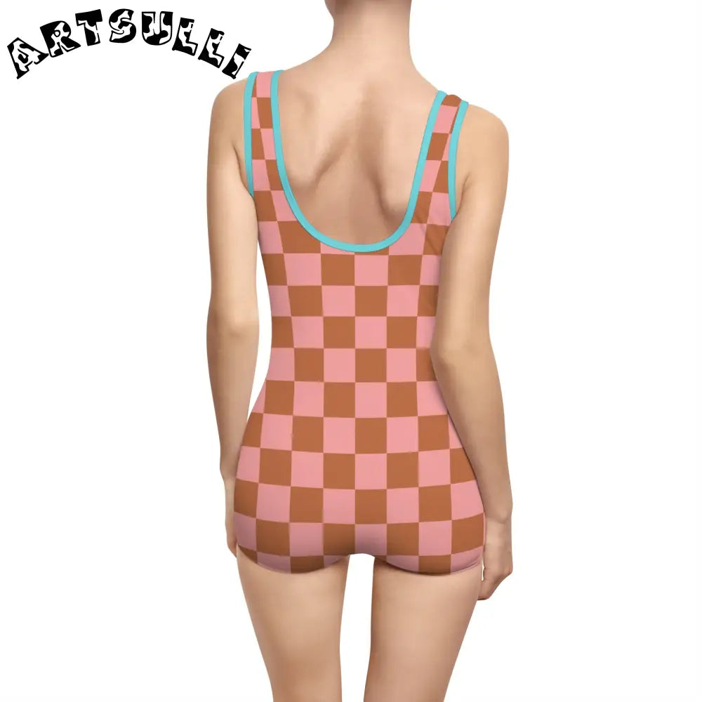 Pink and Brown Checkerboard One-Piece Swimsuit, Artsulli - Art is Long, Life is Short, All Over Prints, , , , , , , 