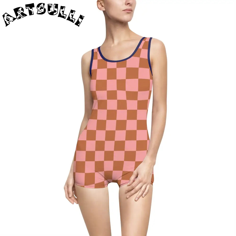 Pink and Brown Checkerboard One-Piece Swimsuit, Artsulli - Art is Long, Life is Short, All Over Prints, Color, Navy, Size, XS, , , 13511150975273928058