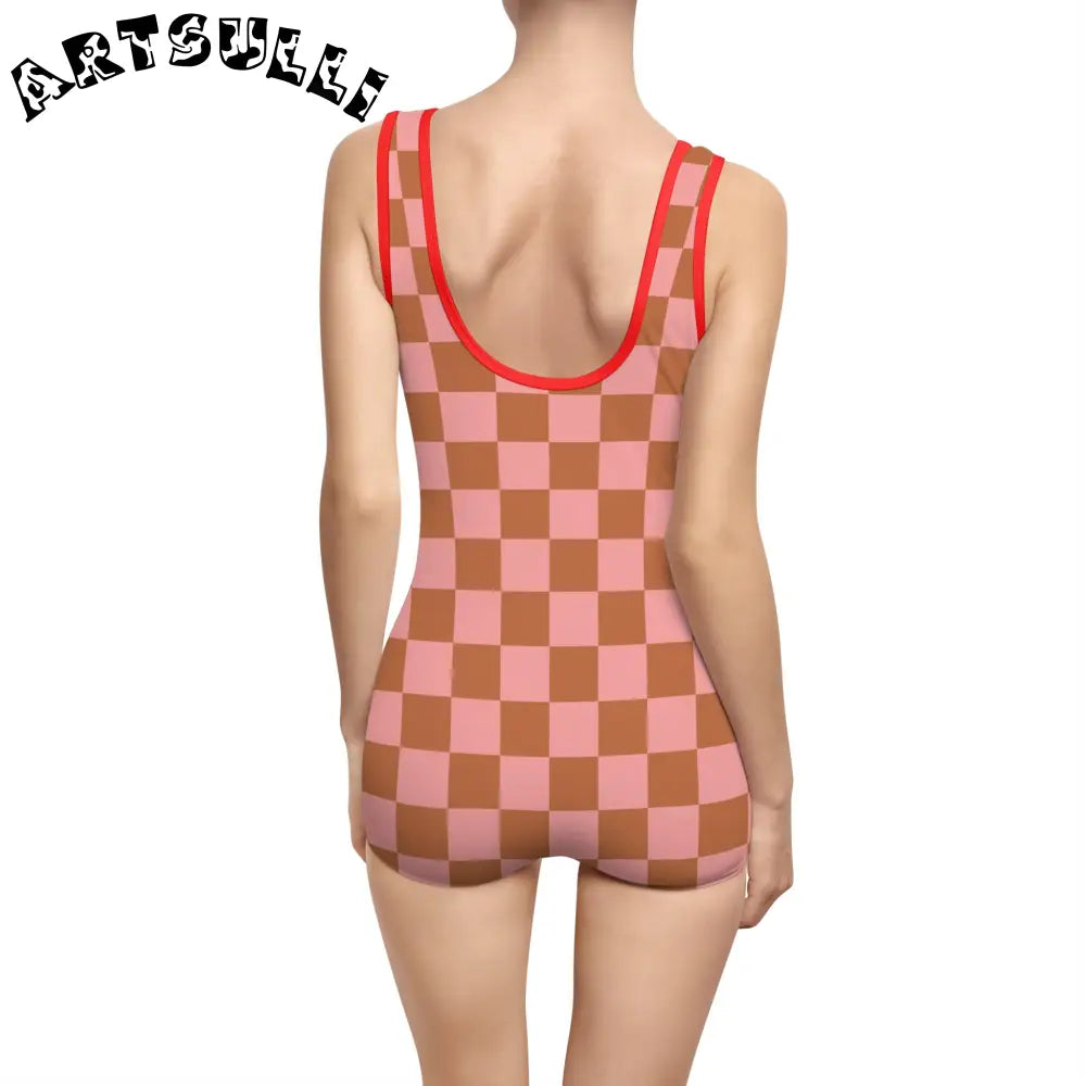 Pink and Brown Checkerboard One-Piece Swimsuit, Artsulli - Art is Long, Life is Short, All Over Prints, , , , , , , 