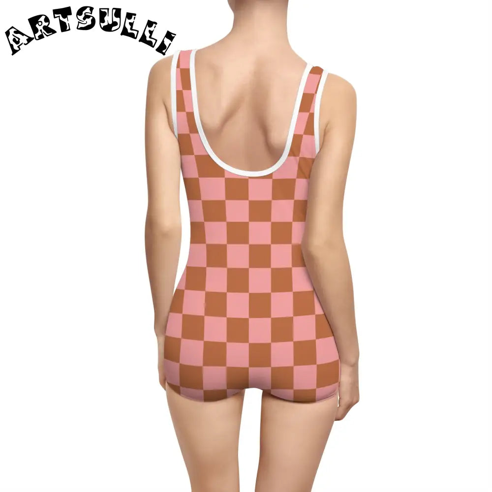 Pink and Brown Checkerboard One-Piece Swimsuit, Artsulli - Art is Long, Life is Short, All Over Prints, , , , , , , 