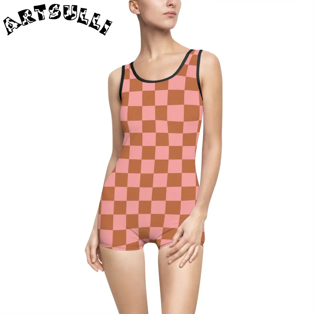 Pink and Brown Checkerboard One-Piece Swimsuit, Artsulli - Art is Long, Life is Short, All Over Prints, Color, Black, Size, XS, , , 15534447673839182647