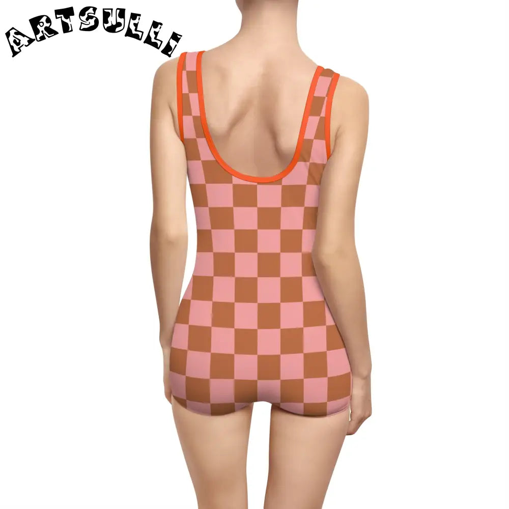Pink and Brown Checkerboard One-Piece Swimsuit, Artsulli - Art is Long, Life is Short, All Over Prints, , , , , , , 