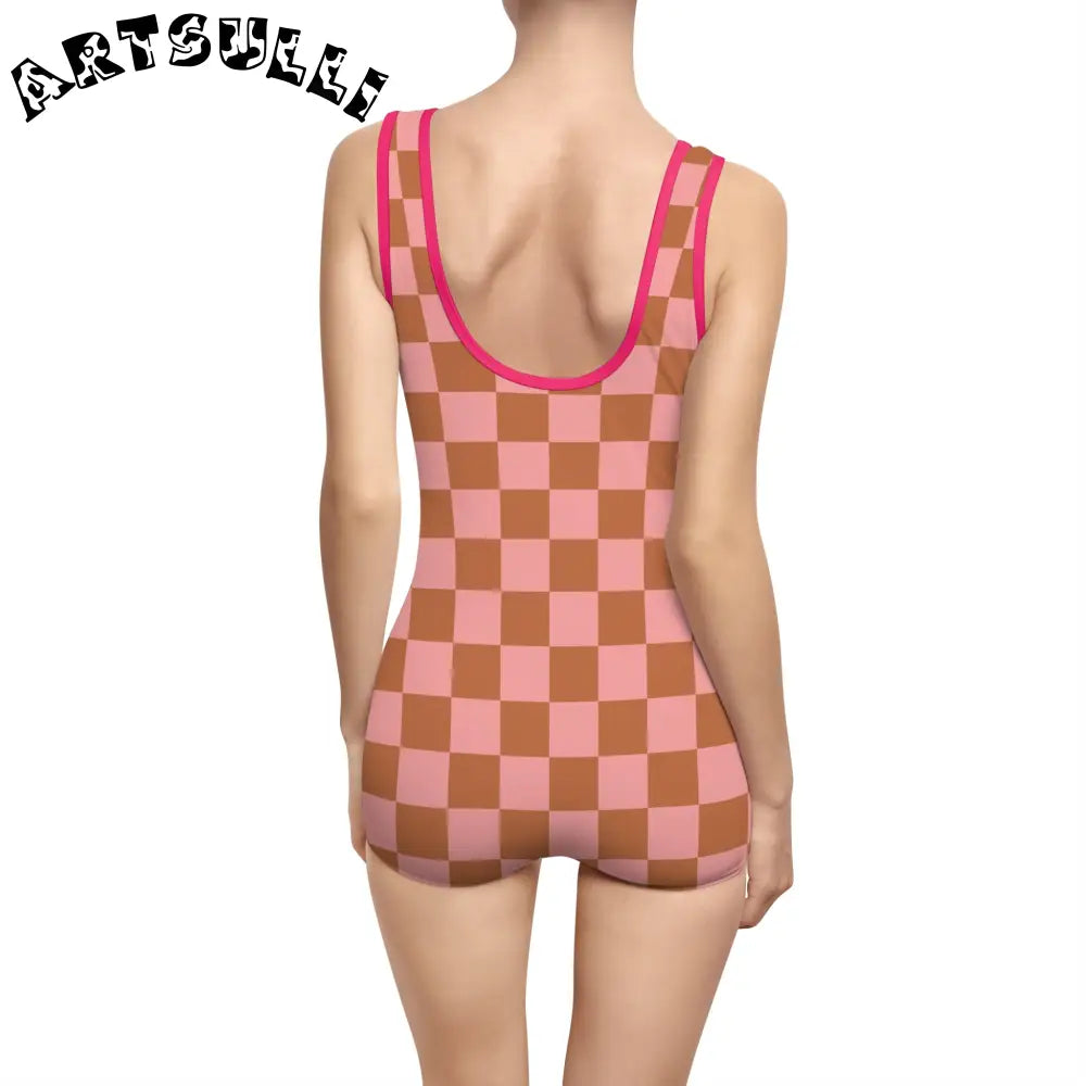 Pink and Brown Checkerboard One-Piece Swimsuit, Artsulli - Art is Long, Life is Short, All Over Prints, , , , , , , 