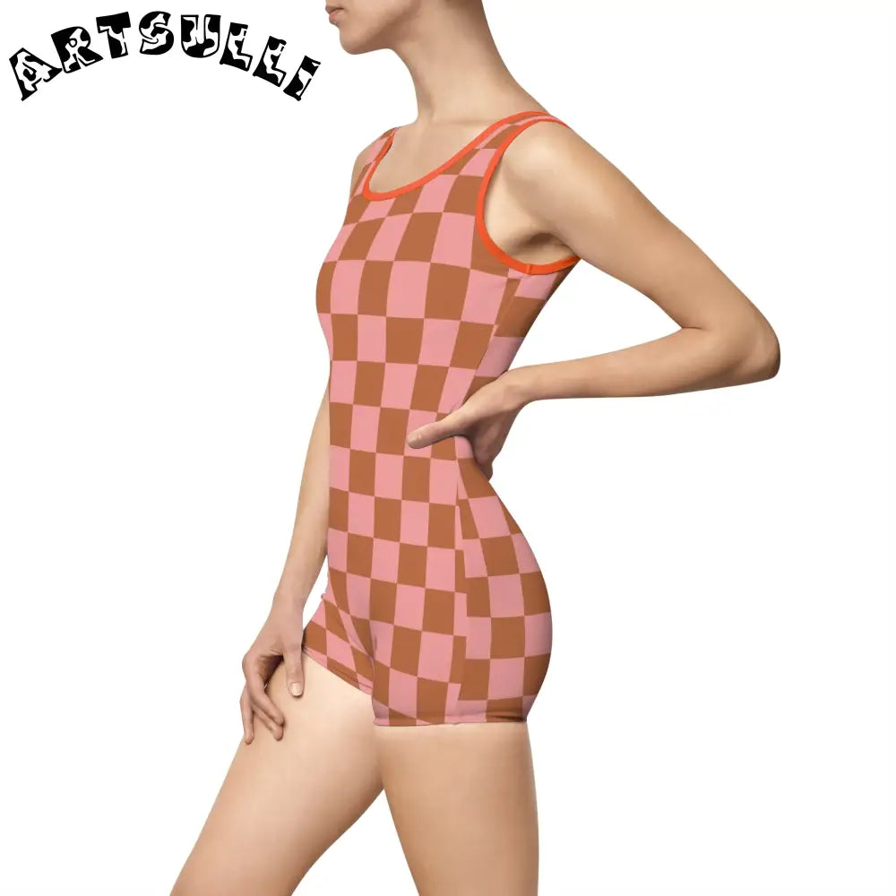 Pink and Brown Checkerboard One-Piece Swimsuit, Artsulli - Art is Long, Life is Short, All Over Prints, , , , , , , 